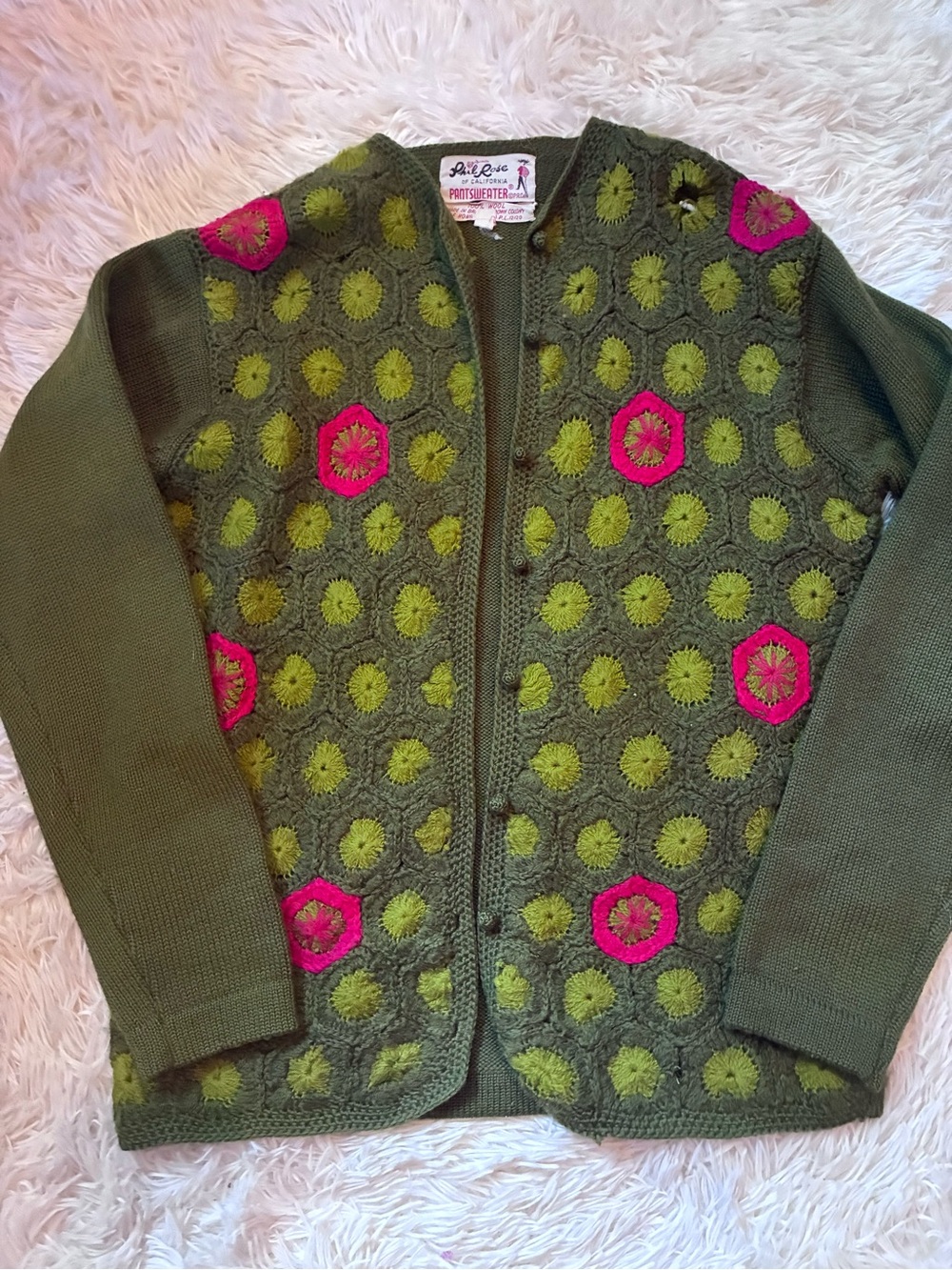 Handmade, vintage Olive green Cardigan with Pink Accents